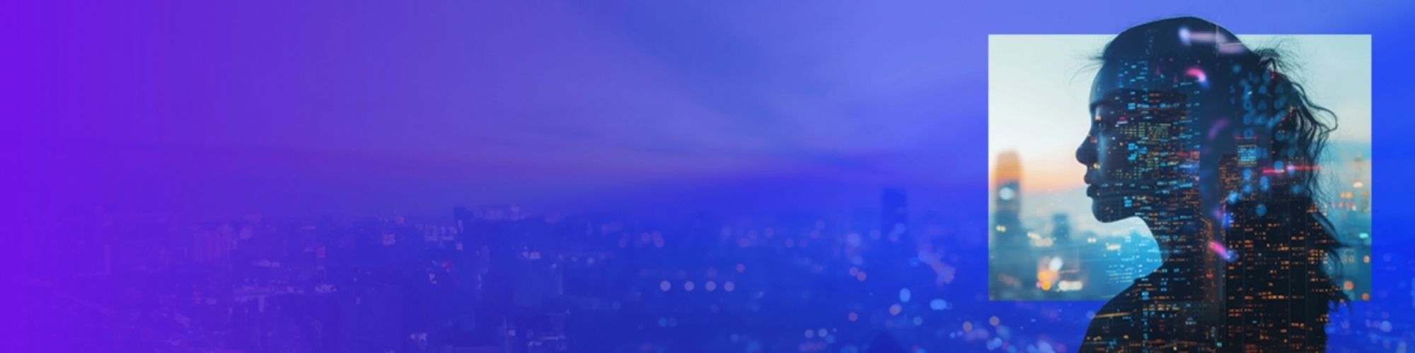 Close up of a persons face and a city sky line