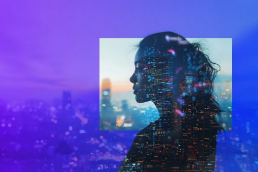 Close up of a persons face and a view of a city sky line