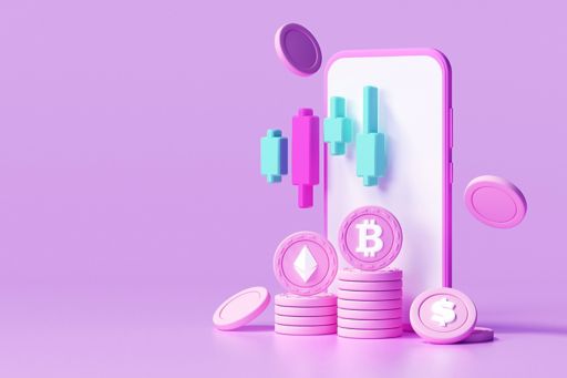 Pink mobile phone with crypto currency coins