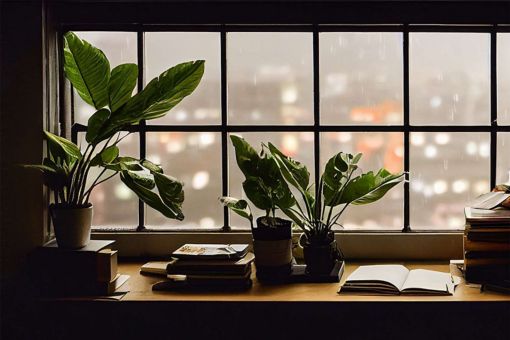 Plantes et livres sur le bord d’une fenêtre