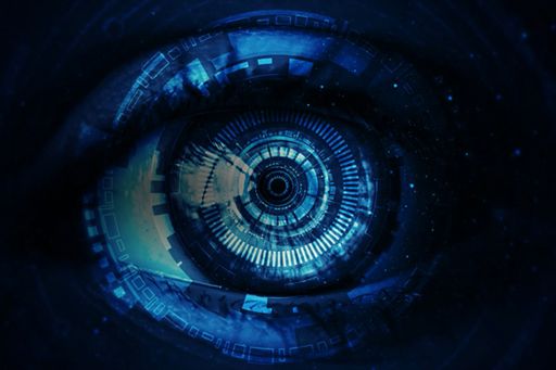 Artificial intelligence theme shaped eye on dark background