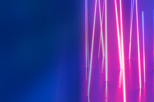 Pulse of Fintech banner with colorful light rays and reflection against blue background