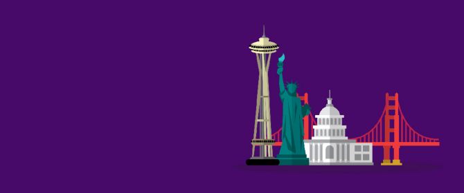 4 US monuments against purple background - Illustration
