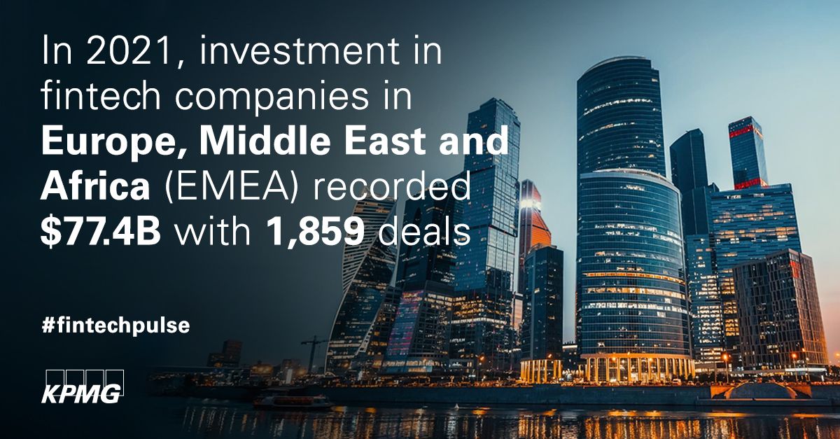 In 2021, investment in Fintech companies in Europe, Middle East and Africa (EMEA) recorded $77.4B with 1,859 deals
