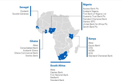 digital map of Africa showing banks assessed for the 2021 Digital Channel Scorecard