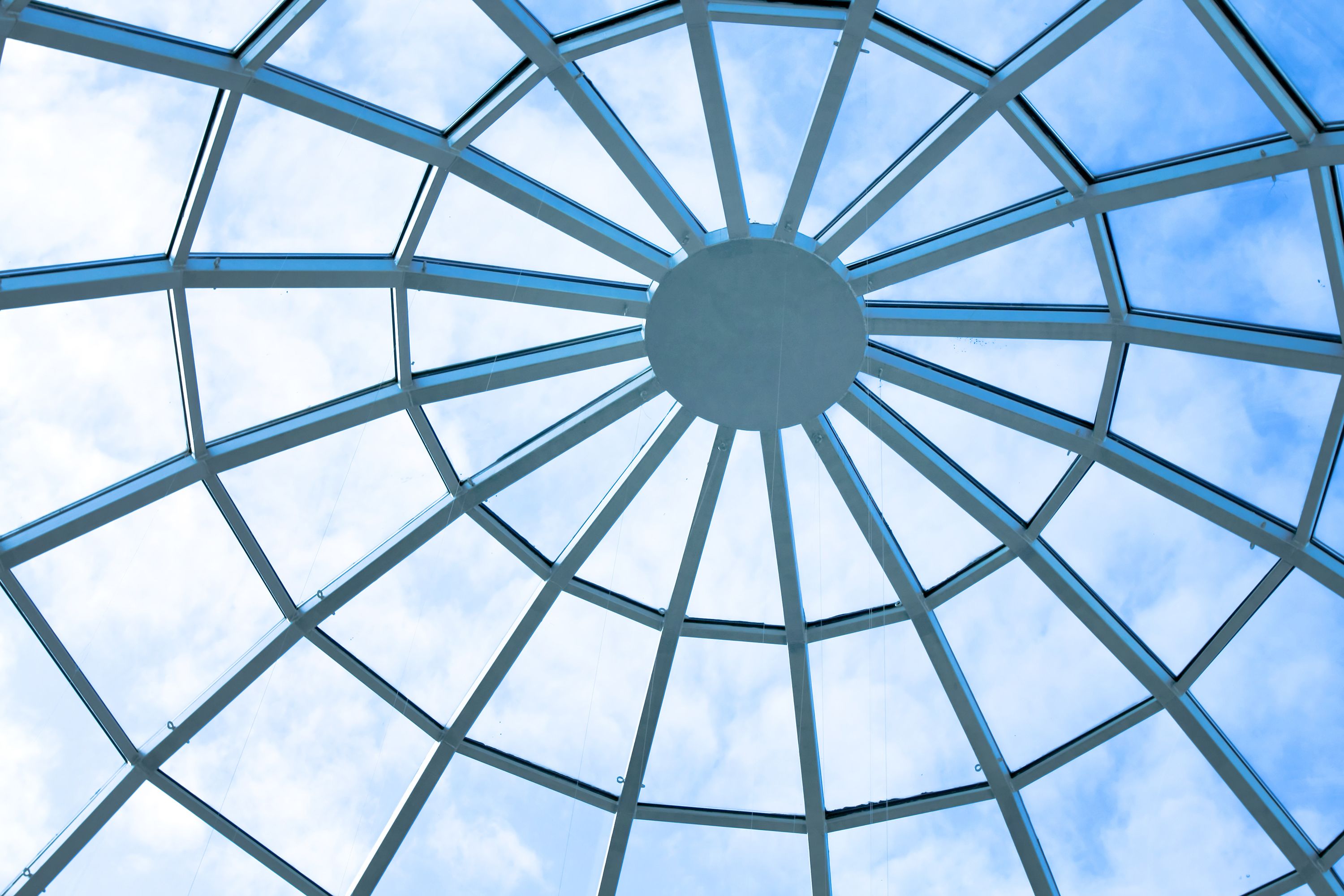 Looking up through an arched glass roof