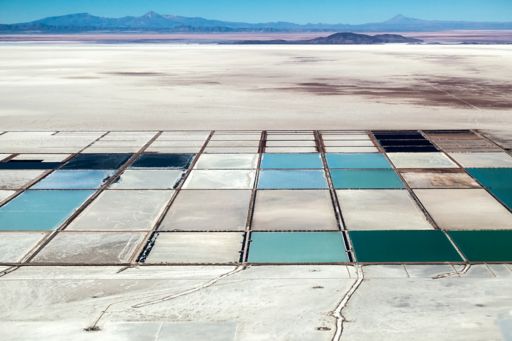 Salt lake and blue pools in desert