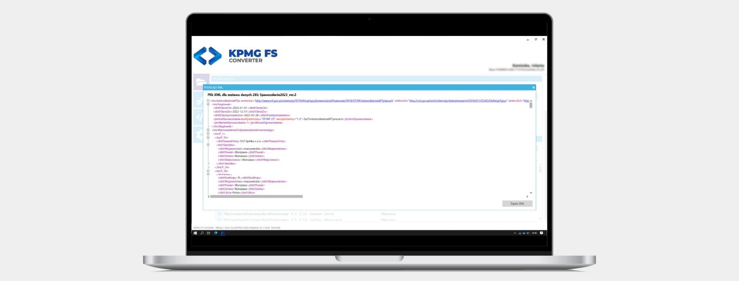 laptop z otwartą aplikacją KPMG FS Converter