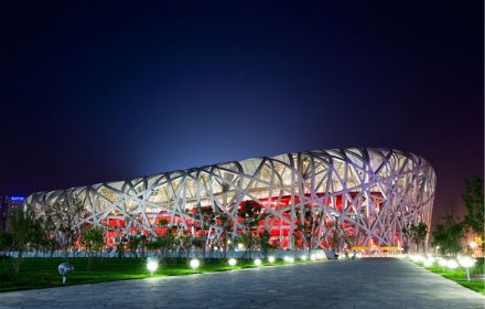 Stadium view with light on path