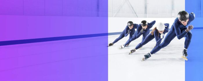 A group of ice skaters in a line on an ice rink with a purple overlay