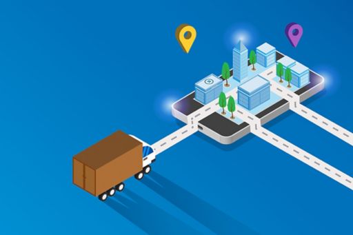 Isometric  truck and city supply chain diagram