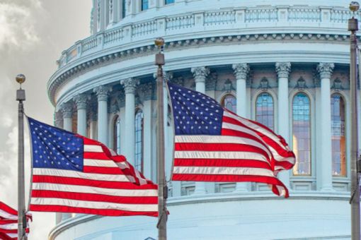 America flags in front of building