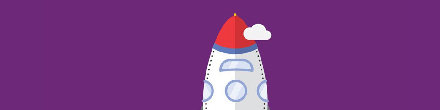 Illustration of white rocket going up against purple background