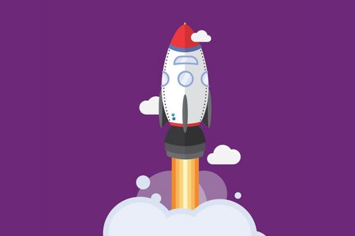 Illustration of white rocket going up against purple background