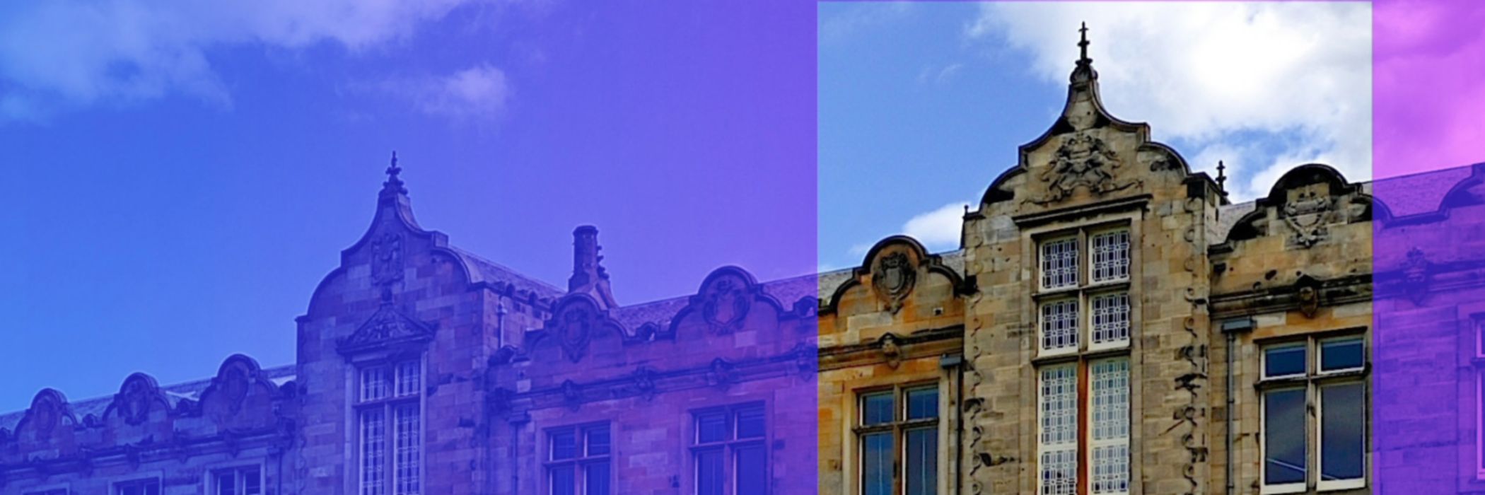 View of a building and sky with a purple overlay