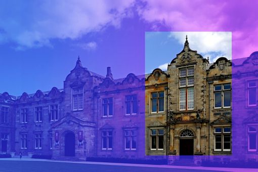 View of a building and sky with a purple overlay