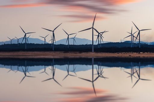 Wind turbines and their reflection in water