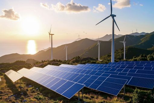 Éoliennes et panneaux solaires sur une colline