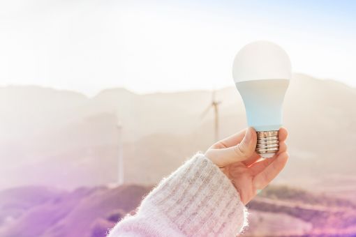 Woman holding light bulb in front of wind turbines