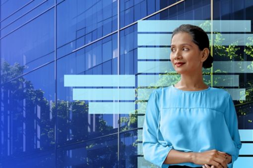 Woman standing in front of an office building