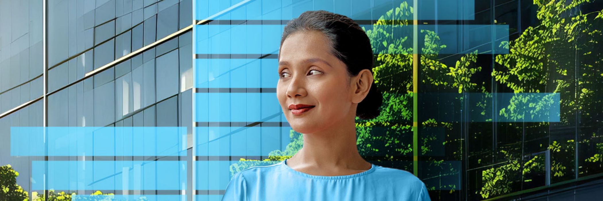 Woman standing in front of an office building