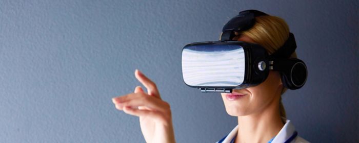 Woman using virtual digital glasses