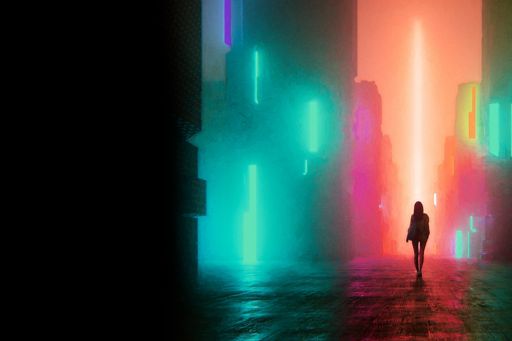 Woman walking down futuristic street with multi-coloured lighting