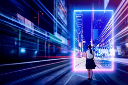 A young woman stands in front of a glowing portal in a city at night