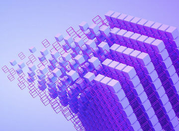 Una estructura cúbica tridimensional que se descompone en una serie de cubos más pequeños, mostrando un efecto de disolución, sobre un fondo azul y morado suave.