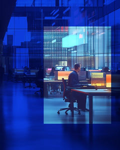 man sitting at computer desk