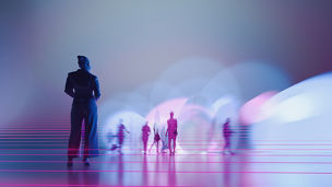 People silhouettes between abstract glass pieces  - 3D generated image.