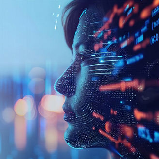 Side profile of a human face overlaid with digital lines, dots, and glowing blue and orange data elements, set against a blurred background with light streaks