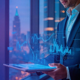 Person holding a tablet with blue holographic charts and graphs projected above it, standing near floor‑to‑ceiling windows with a city skyline in the background