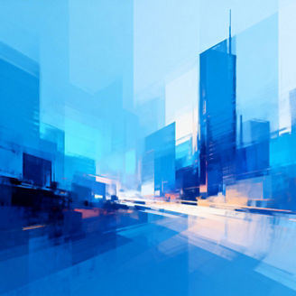 Abstract blue-toned cityscape illustration featuring modern skyscrapers, urban architecture, and geometric shapes, emphasizing contemporary design and urban development.