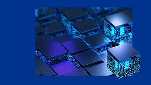 Dunkelblaue Würfel mit hellen Lichtpixeln