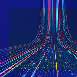 Datenraum visualisiert mit reisenden Dateien und Code