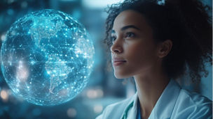 a woman looking at a digital representation of  a globe 