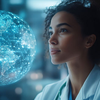 a woman looking at a digital representation of  a globe 