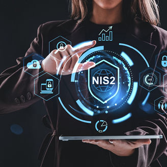 Woman holding a projector with a visual presentation of NIS2