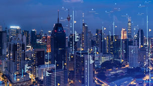 Modern city with data abstracts