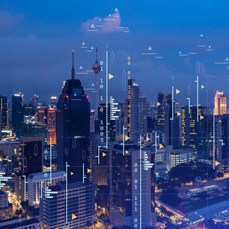 Modern city with data abstracts