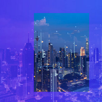 Modern city with data abstracts