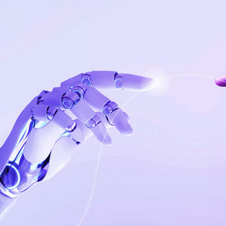 Human and robot hand together in harmony
