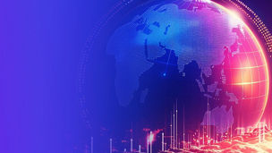 Large digital globe showing Asia-Pacific regions, displayed with grid lines, glowing dots, and red and blue light effects against a dark background