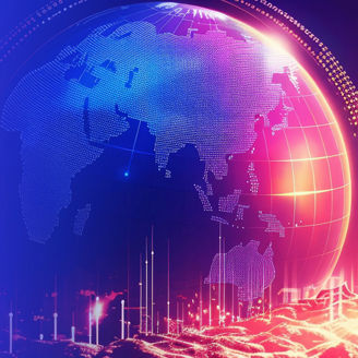 Large digital globe showing Asia-Pacific regions, displayed with grid lines, glowing dots, and red and blue light effects against a dark background