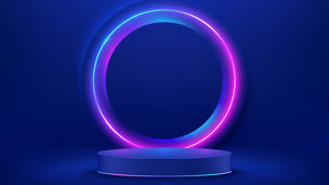 Abstract shiny blue cylinder pedestal podium. Sci-fi blue abstract room concept with circle glowing neon lighting. Vector rendering 3d shape, Product display presentation. Futuristic wall scene.