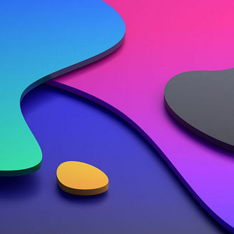 Abstract 3D composition of curved overlapping shapes in teal, purple, and pink, with a small yellow oval on a dark blue background