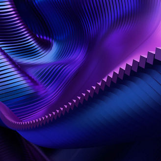 Abstract 3D scene with layered curved and ridged surfaces in shades of purple, blue, and pink, forming flowing wave‑like patterns across a dark background