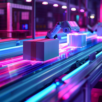 Long time exposure photography of a packaging station in a high-tech production line