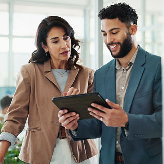 Tablet, meeting and business people in office with research for break in finance stock market. Discussion, digital technology and financial advisors with online revenue, profit or equity report